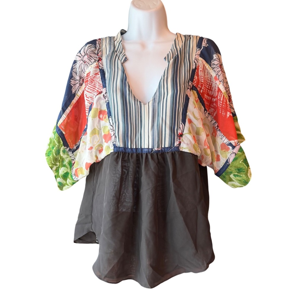 One September Womens Size 10 Patchwork Mixed Print Sheer Tunic Blouse Boho
